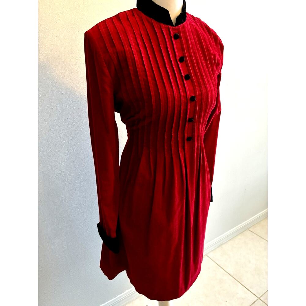 Vtg Victorian Red corduroy Dress pleated prairie goth Vamp Academia MOD Style 8